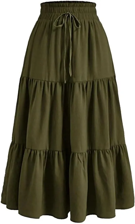 Women's Elastic High Waist Pleated A-Line Skirts Vintage Casual Maxi Skirt Women Daily Work Skirt