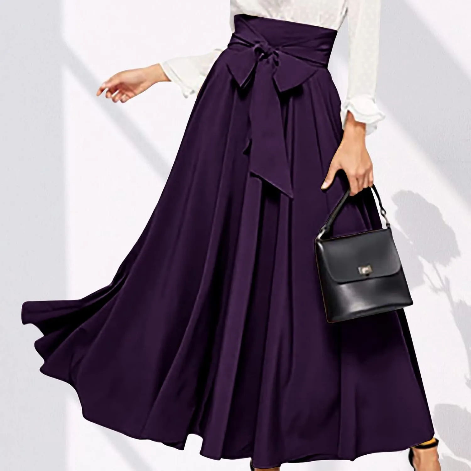 Women's Elegant High Waist Maxi Skirt Tie Front Pleated A-Line Skirts Loose Fit Flowy Dressy Skirt Summer Maxi Skirt