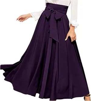 Women's Elegant High Waist Maxi Skirt Tie Front Pleated A-Line Skirts Loose Fit Flowy Dressy Skirt Summer Maxi Skirt