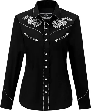 Women's Embroidered Western Cowgirl Slim Fit Shirt Snap Button Down Long Sleeve Shirt with Floral Embroidery
