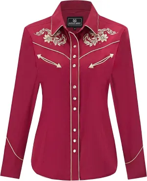 Women's Embroidered Western Cowgirl Slim Fit Shirt Snap Button Down Long Sleeve Shirt with Floral Embroidery