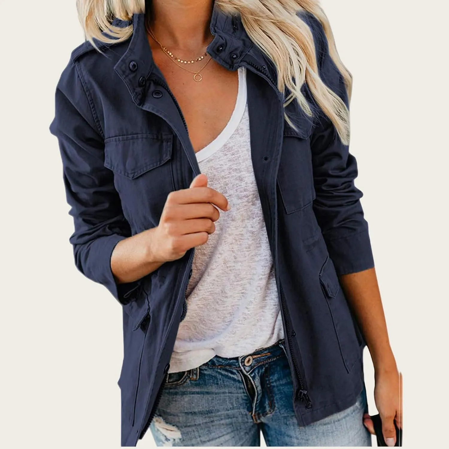 Womens Fall Jackets Military Anorak Jackets Lightweight Cargo Jacket Snap Buttons Parka Safari Utility Coats Pockets