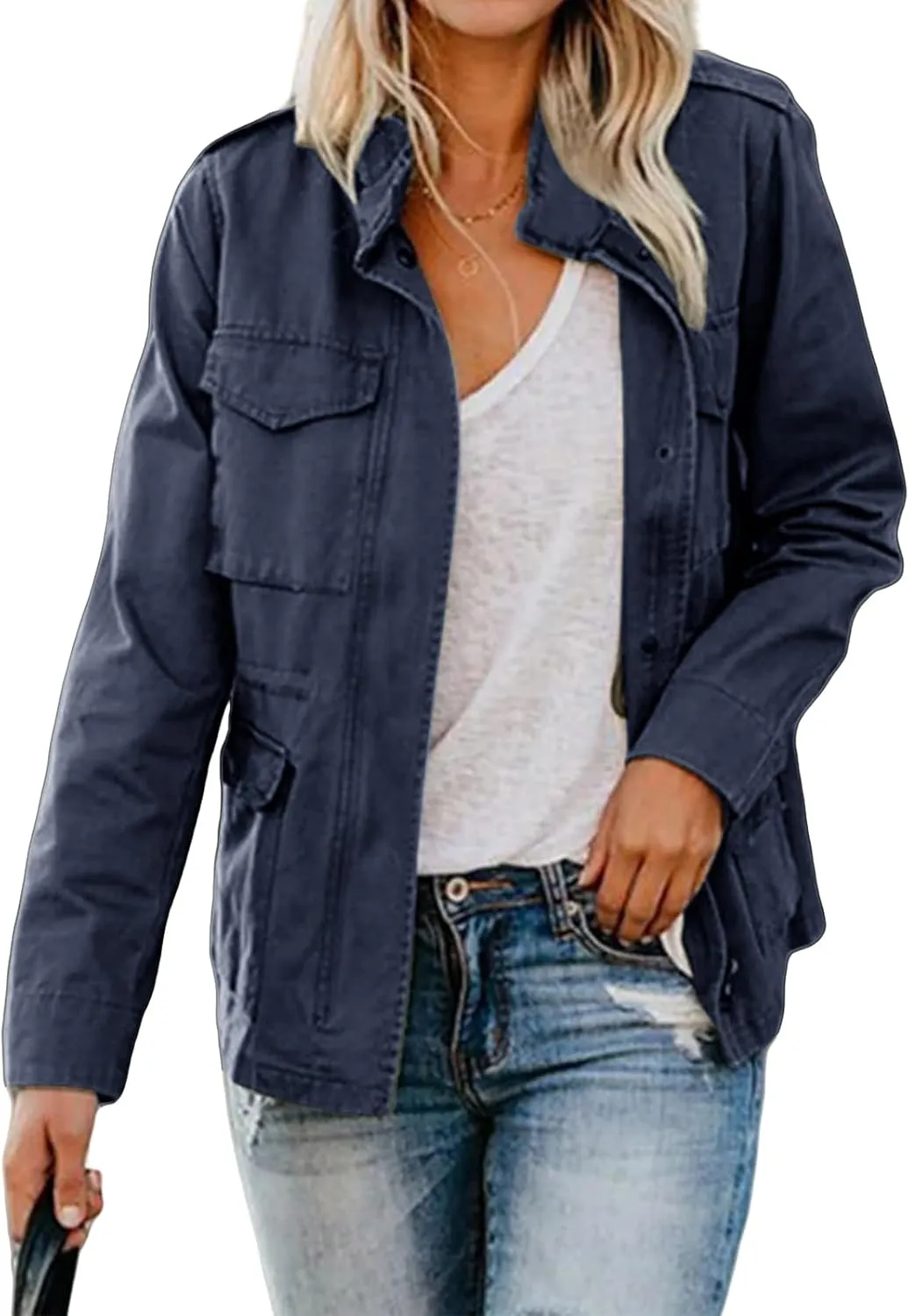Womens Fall Jackets Military Anorak Jackets Lightweight Cargo Jacket Snap Buttons Parka Safari Utility Coats Pockets