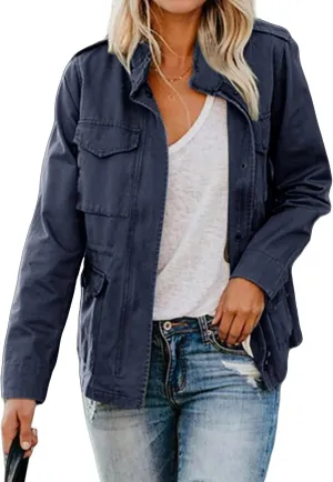 Womens Fall Jackets Military Anorak Jackets Lightweight Cargo Jacket Snap Buttons Parka Safari Utility Coats Pockets