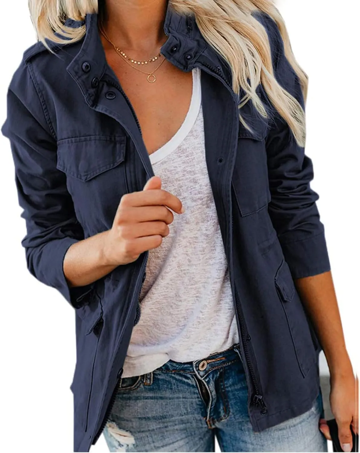 Womens Fall Jackets Military Anorak Jackets Lightweight Cargo Jacket Snap Buttons Parka Safari Utility Coats Pockets