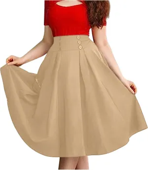 Women's Fall Winter Button Down Pleated Midi Skirt High Elastic Waisted Flowy Long Skirts Casual Solid Color Skirt