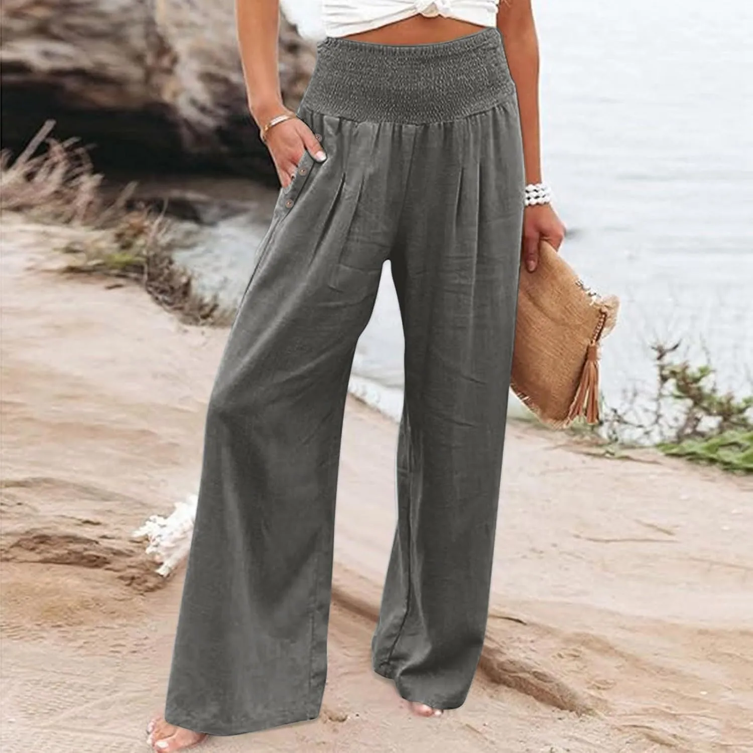 Women's Fashion Loose Casual Buttoned Wide Leg Dressy Loose Fit Pants