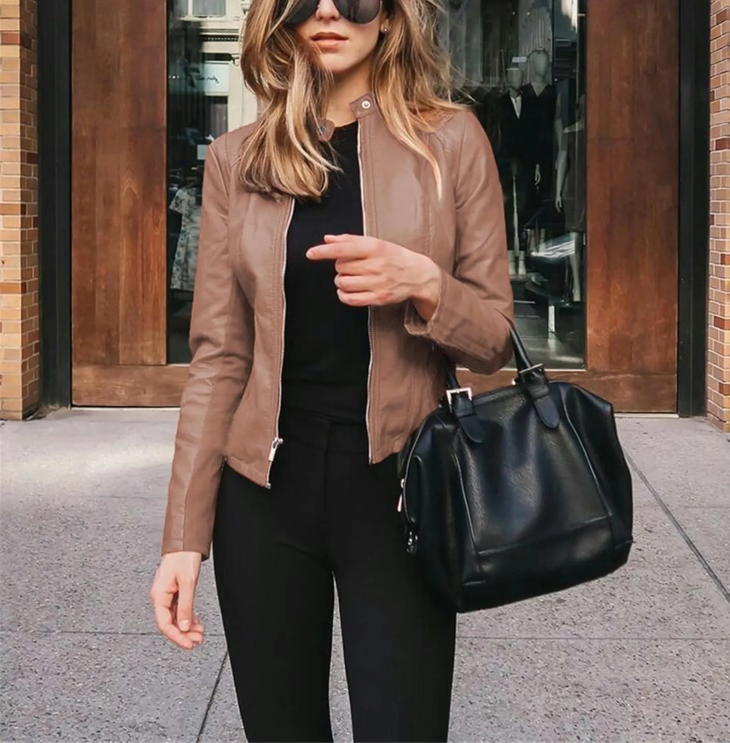 Womens Faux Leather Jacket Cropped Bomber Jackets Casual Light Moto Biker Jacke Coats Long Sleeves Jacket with Pocket