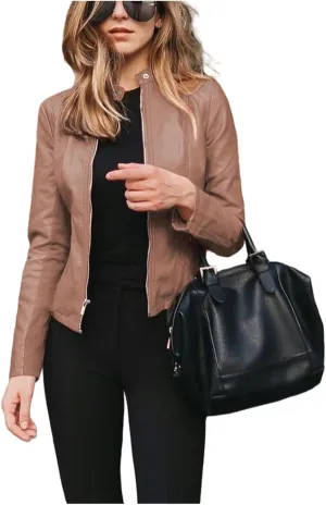 Womens Faux Leather Jacket Cropped Bomber Jackets Casual Light Moto Biker Jacke Coats Long Sleeves Jacket with Pocket