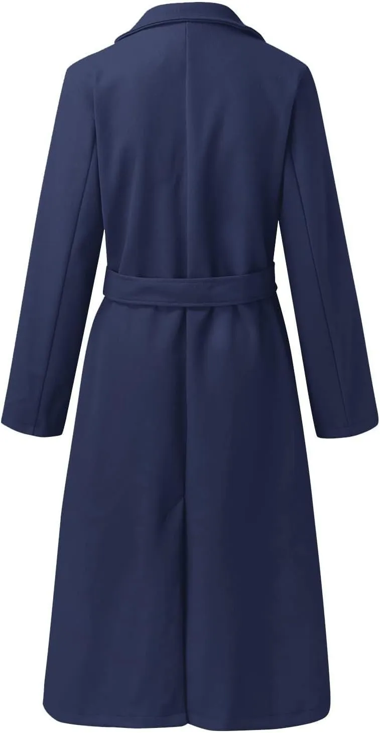 Women's Faux Wool Coat Blouse Thin Coat Trench Long Jacket Ladies Slim Long Belt Elegant Overcoat Ladies Fashion
