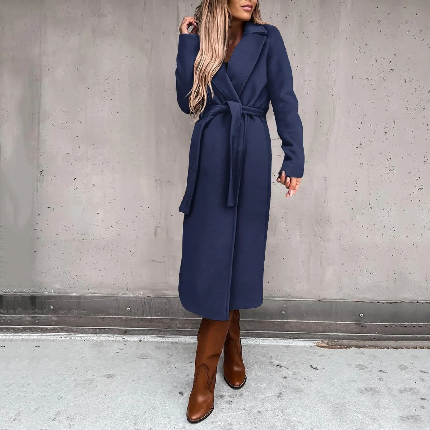 Women's Faux Wool Coat Blouse Thin Coat Trench Long Jacket Ladies Slim Long Belt Elegant Overcoat Ladies Fashion