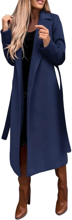Women's Faux Wool Coat Blouse Thin Coat Trench Long Jacket Ladies Slim Long Belt Elegant Overcoat Ladies Fashion
