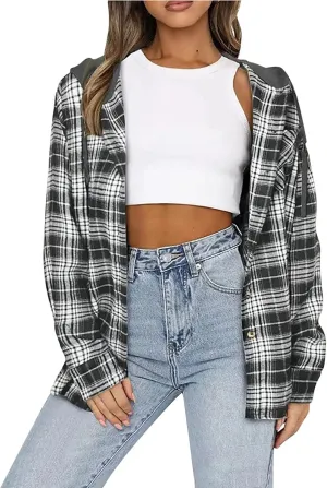 Womens Flannel Hooded Shacket Jacket Fashion Teen Girl Plaid Button Down Outerwear Shirts Preppy Fall Thin Hoodie Coat