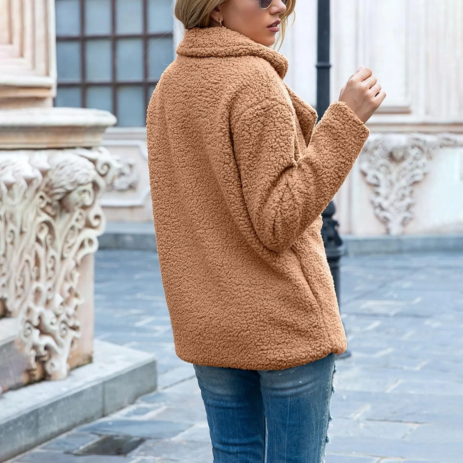 Womens Fleece Jacket 2024 Winter Lapel Button Down Coats Casual Oversized Trendy Teddy Bear Jacket Fluffy Outerwear