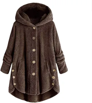 Womens Fleece Jackets Sherpa Winter Hooded Fuzzy Coats Oversized Button Down Cardigan Sweater Warm Jacket with Pocket
