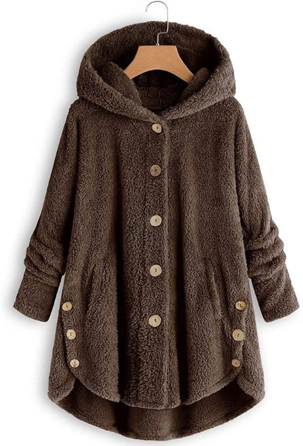 Womens Fleece Jackets Sherpa Winter Hooded Fuzzy Coats Oversized Button Down Cardigan Sweater Warm Jacket with Pocket