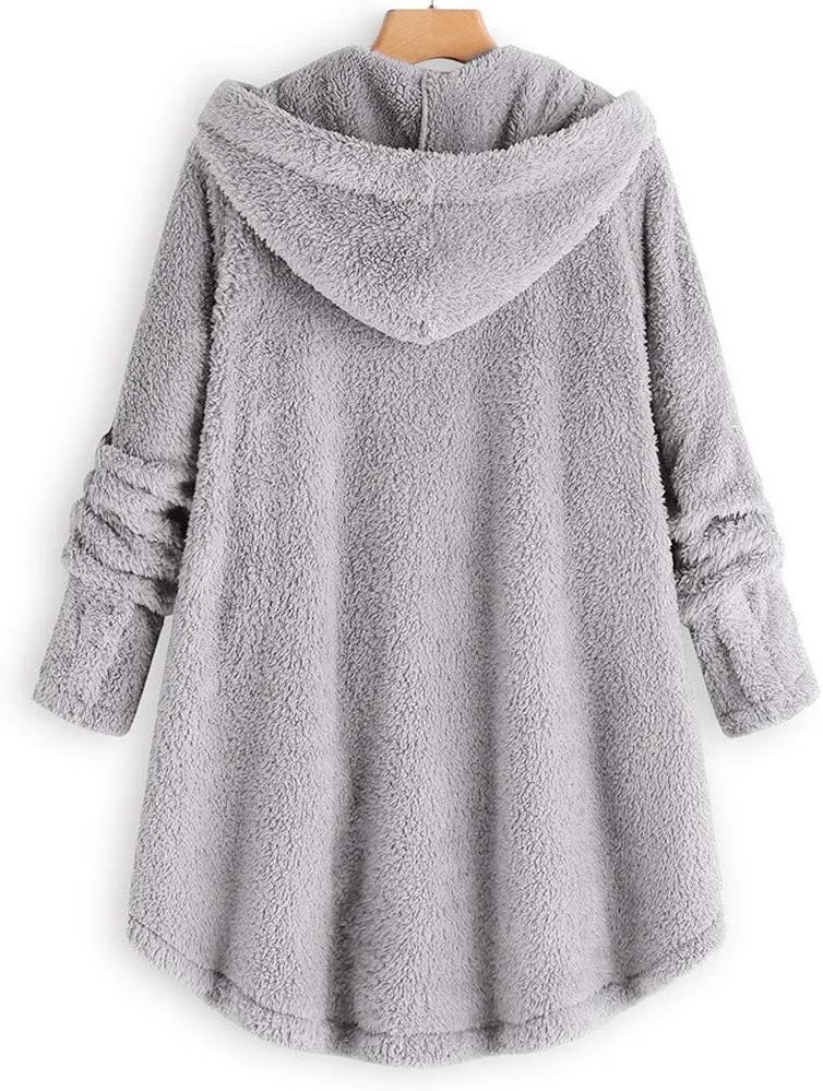 Women's Fleece Sherpa Jacket with Hood Plus Size Fuzzy Winter Coat Casual Loose Fit Bottun Up Solid Fluffy Teddy Coat