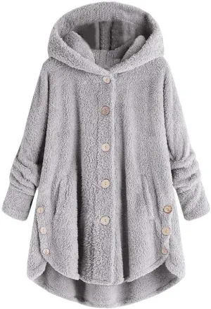 Women's Fleece Sherpa Jacket with Hood Plus Size Fuzzy Winter Coat Casual Loose Fit Bottun Up Solid Fluffy Teddy Coat