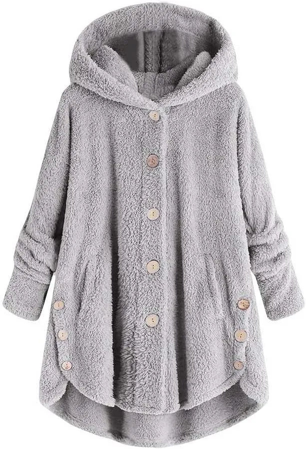 Women's Fleece Sherpa Jacket with Hood Plus Size Fuzzy Winter Coat Casual Loose Fit Bottun Up Solid Fluffy Teddy Coat