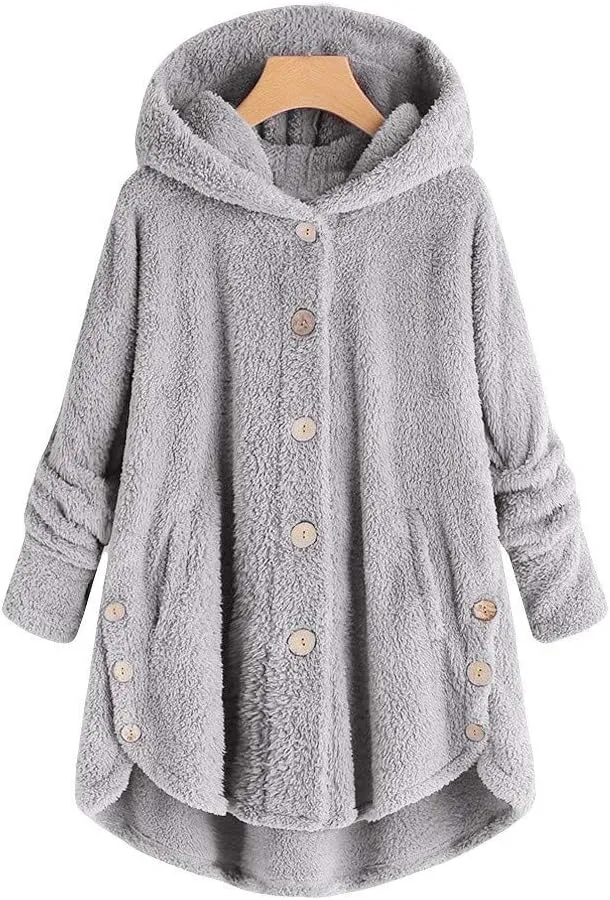 Women's Fleece Sherpa Jacket with Hood Plus Size Fuzzy Winter Coat Casual Loose Fit Bottun Up Solid Fluffy Teddy Coat