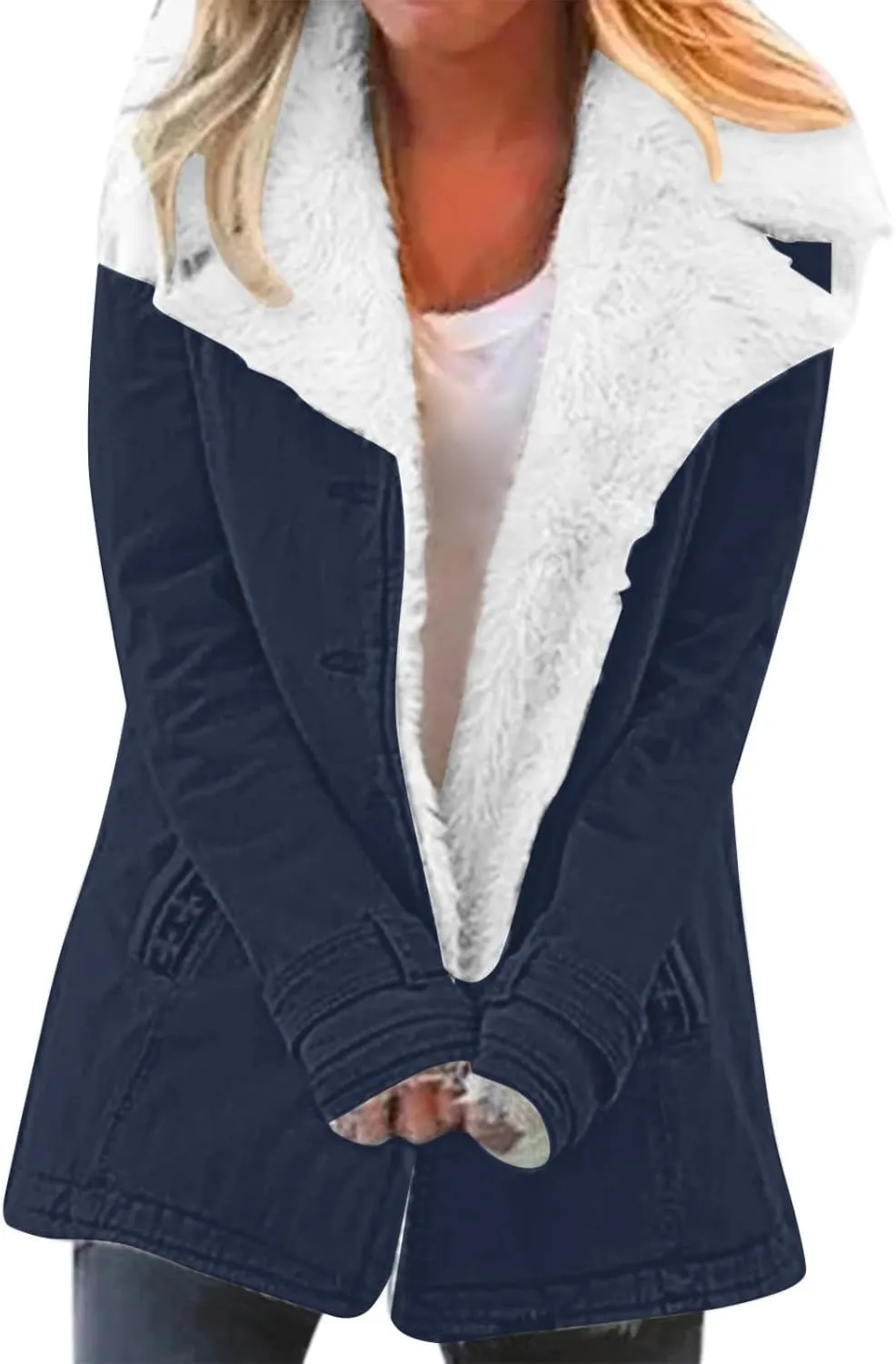 Womens Fleece Winter Jackets Plush Lapel Button Slim Fuzzy Jackets Plus Size Warm Furry Blazer Faux Fur Sherpa Coat