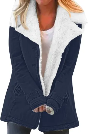 Womens Fleece Winter Jackets Plush Lapel Button Slim Fuzzy Jackets Plus Size Warm Furry Blazer Faux Fur Sherpa Coat