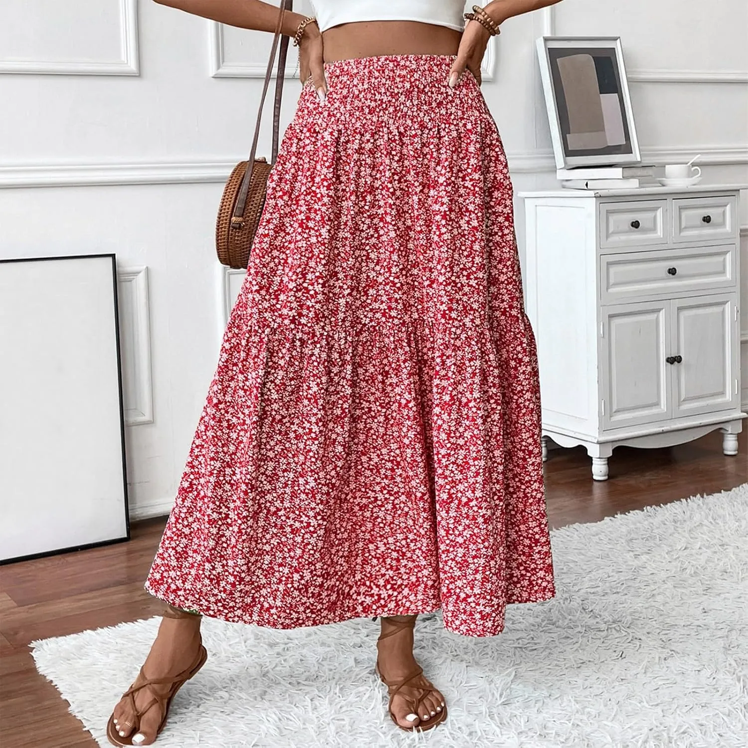 Womens Floral Maxi Skirt A Line Tiered Long Flowy Skirts with Pockets Casual Smocked High Waisted Boho Beach Skirts
