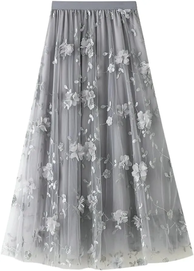 Women's Four Seasons Floral Embroidery Polyester Skirt Harajuku High Waist A-Line Midi Skirt