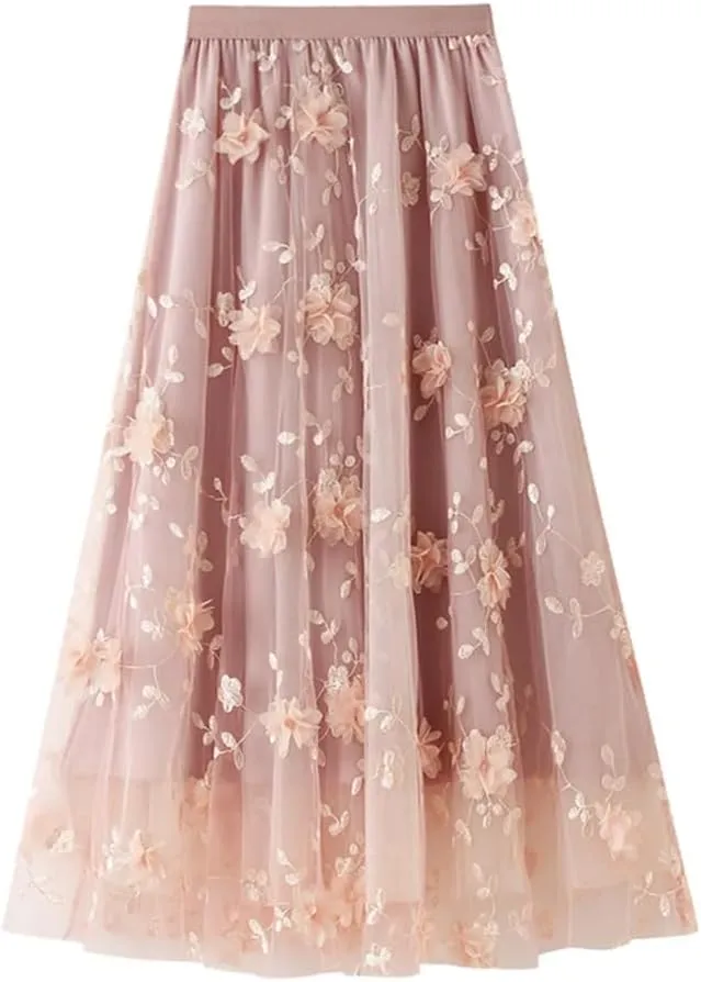 Women's Four Seasons Floral Embroidery Polyester Skirt Harajuku High Waist A-Line Midi Skirt