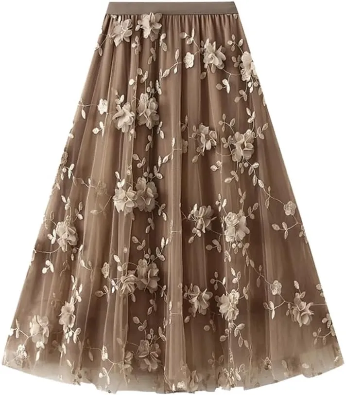 Women's Four Seasons Floral Embroidery Polyester Skirt Harajuku High Waist A-Line Midi Skirt