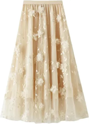Women's Four Seasons Floral Embroidery Polyester Skirt Harajuku High Waist A-Line Midi Skirt