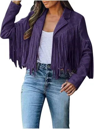 Womens Fringe Jackets Plus Size Faux Suede Coat Fashion Long Sleeve Cardigan Vintage Western Hippie Clothes