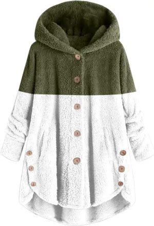 Womens Fuzzy Fleece Jacket Button Hem Plus Size Hoodie Top Sweater Blouse Outerwear with Pockets Women's Winter