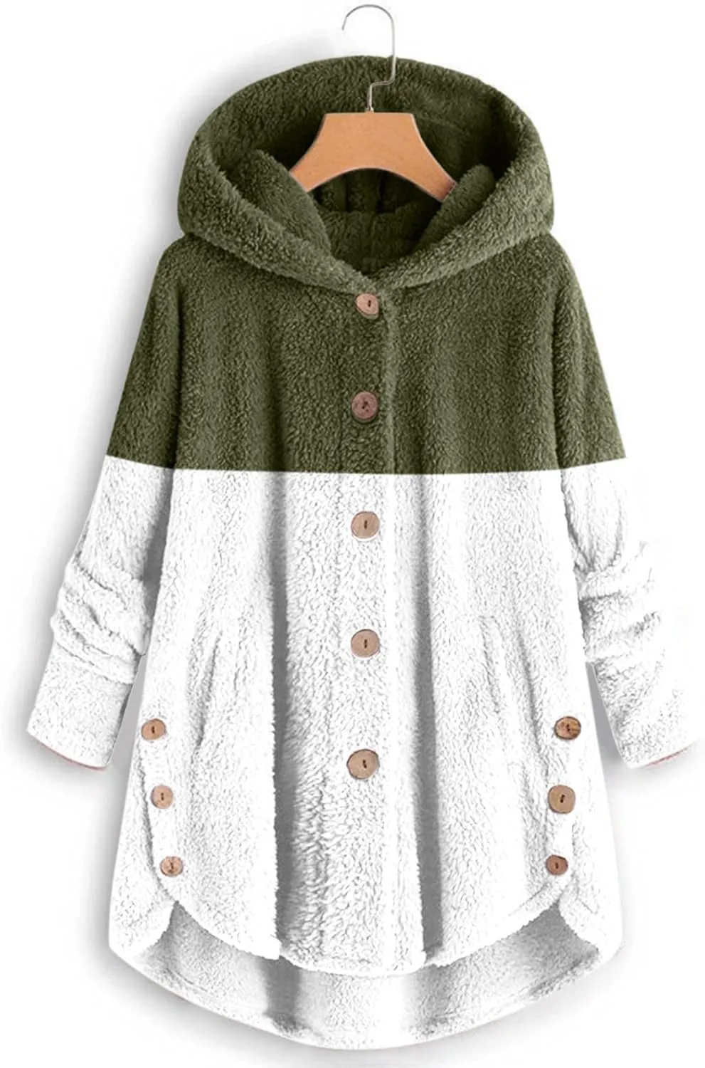 Womens Fuzzy Fleece Jacket Button Hem Plus Size Hoodie Top Sweater Blouse Outerwear with Pockets Women's Winter