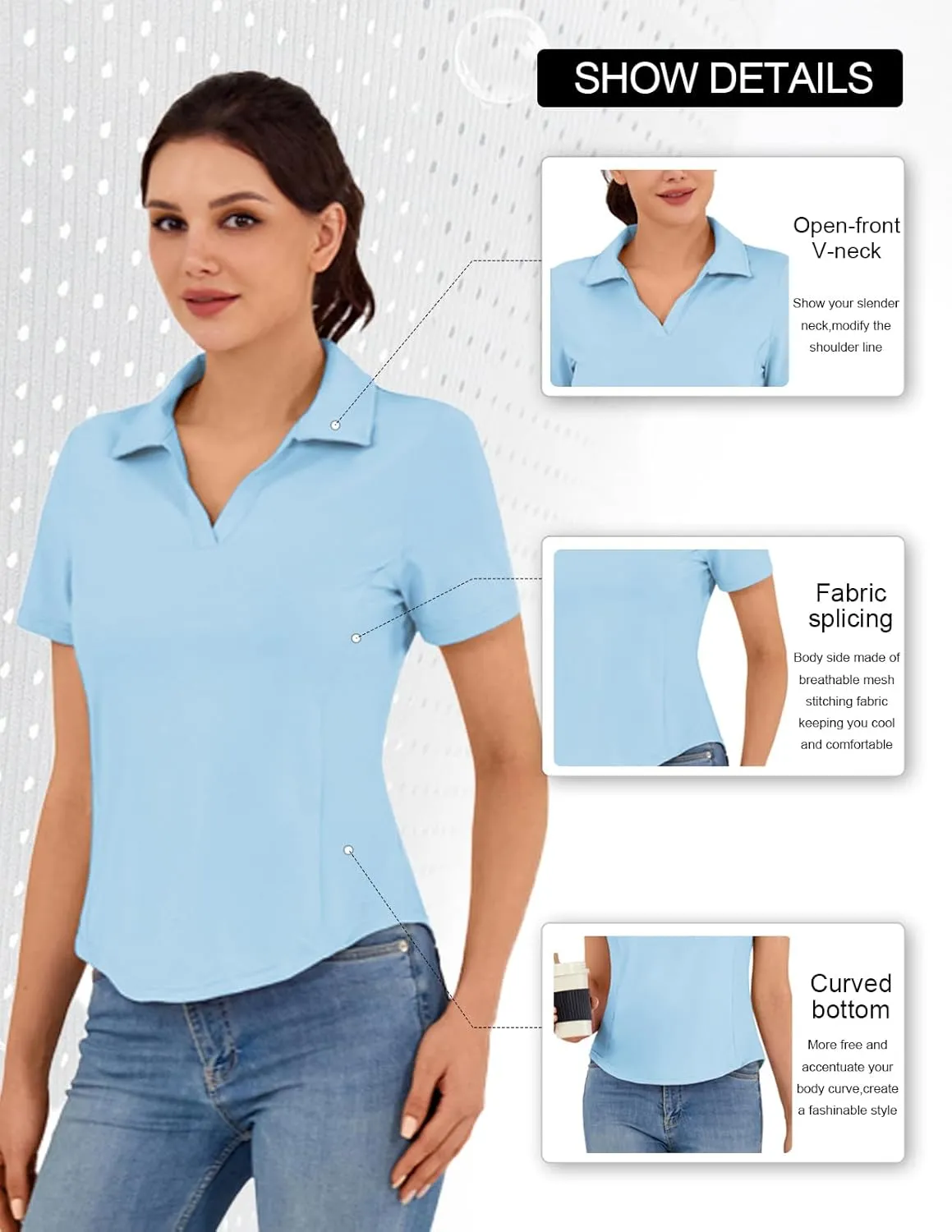 Women's Golf Polo Shirt V Neck Short Sleeve Tennis Shirt Sun Protection Moisture Wicking Athletic Tops