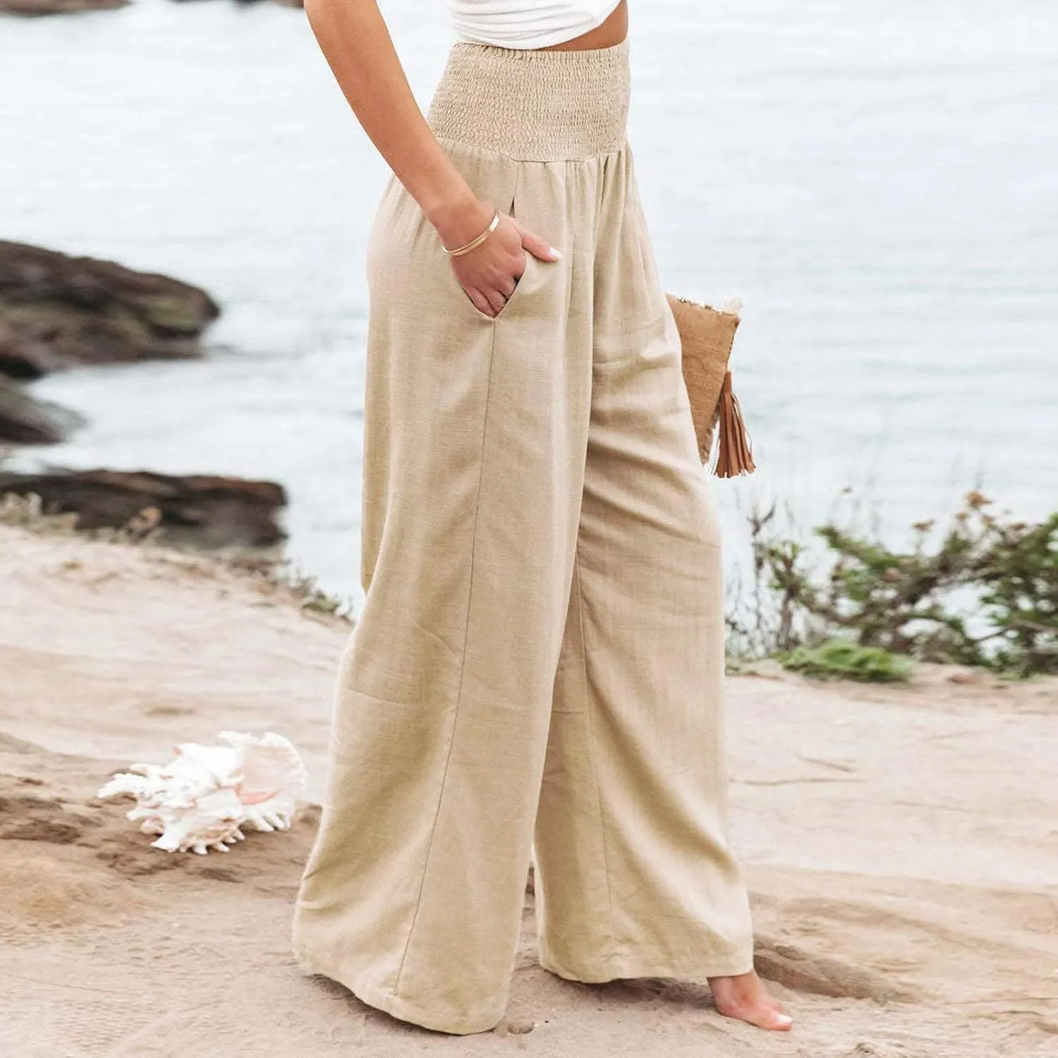 Womens High Rise Trousers Summer Solid Color Wide Leg Causal Drawstring Long Pants Classic Basic Lounge Pants with Pockets