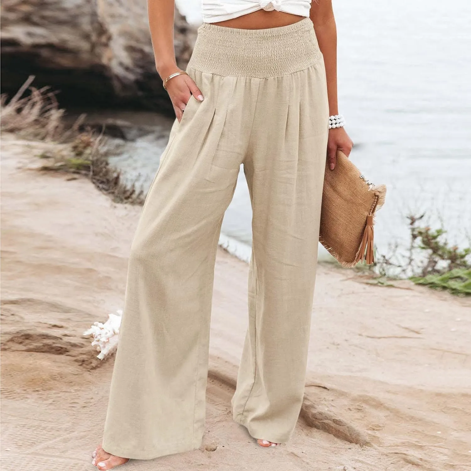 Womens High Rise Trousers Summer Solid Color Wide Leg Causal Drawstring Long Pants Classic Basic Lounge Pants with Pockets
