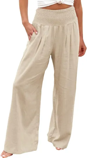 Womens High Rise Trousers Summer Solid Color Wide Leg Causal Drawstring Long Pants Classic Basic Lounge Pants with Pockets