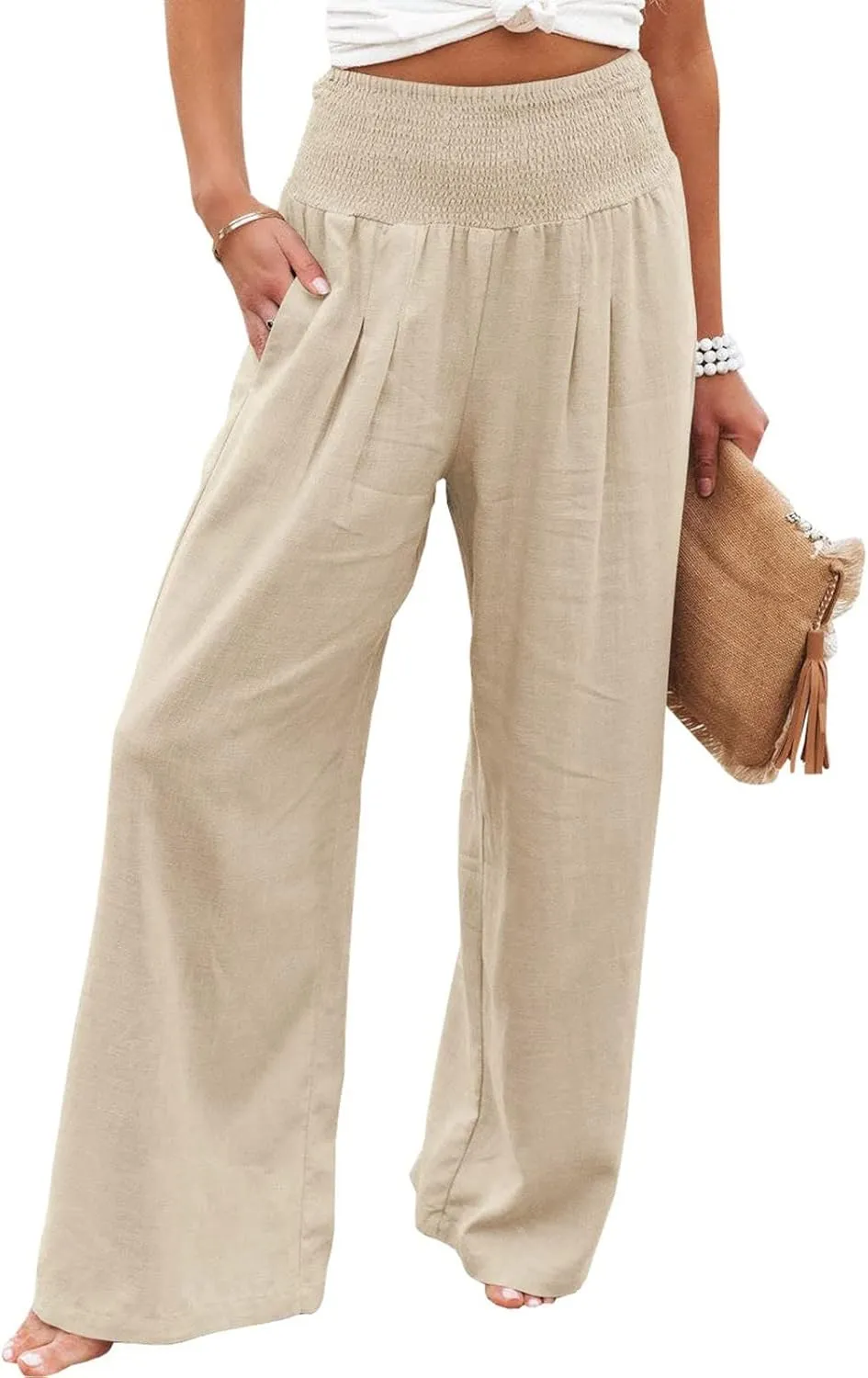 Womens High Rise Trousers Summer Solid Color Wide Leg Causal Drawstring Long Pants Classic Basic Lounge Pants with Pockets