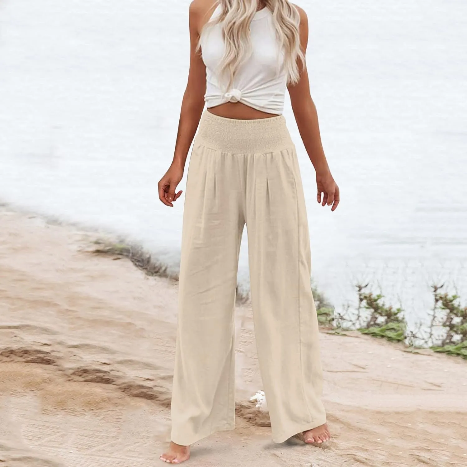 Womens High Rise Trousers Summer Solid Color Wide Leg Causal Drawstring Long Pants Classic Basic Lounge Pants with Pockets