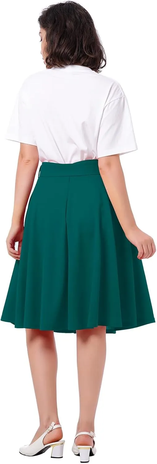 Women's High Waist A-Line Skirt Tie Knot Front Pleated Flared Midi Skirt Swing Casual Party Skirts with Pockets Summer