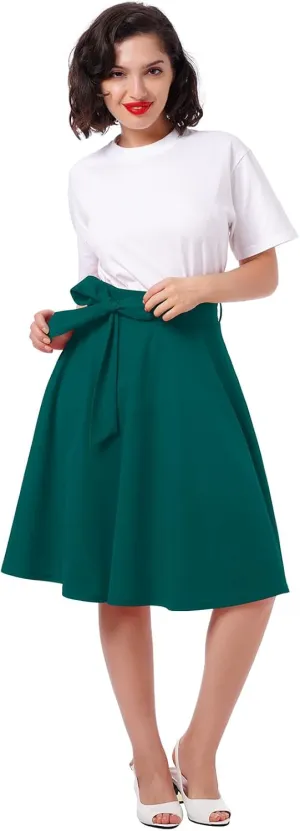 Women's High Waist A-Line Skirt Tie Knot Front Pleated Flared Midi Skirt Swing Casual Party Skirts with Pockets Summer