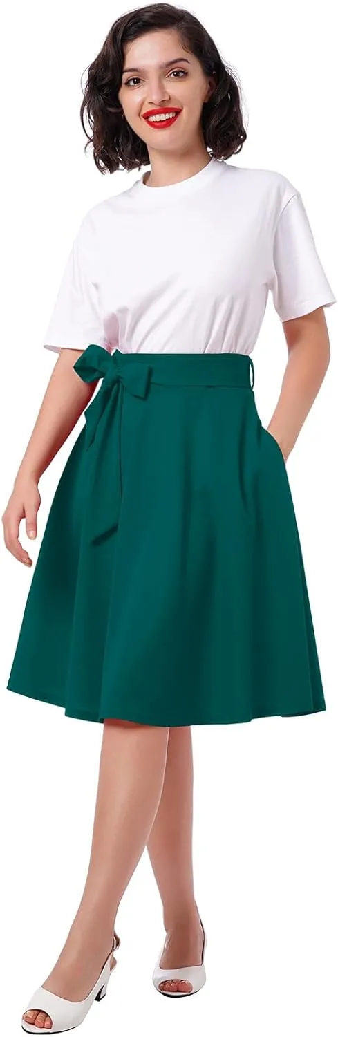 Women's High Waist A-Line Skirt Tie Knot Front Pleated Flared Midi Skirt Swing Casual Party Skirts with Pockets Summer
