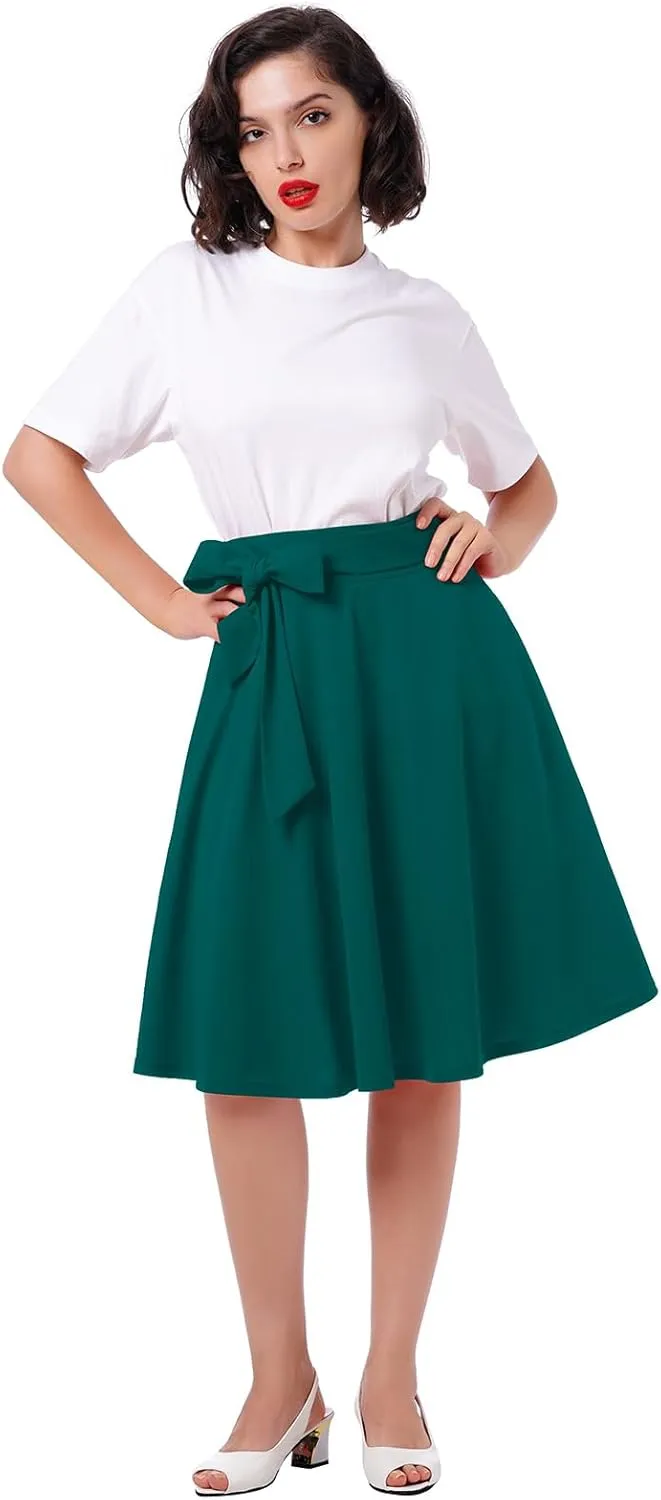 Women's High Waist A-Line Skirt Tie Knot Front Pleated Flared Midi Skirt Swing Casual Party Skirts with Pockets Summer