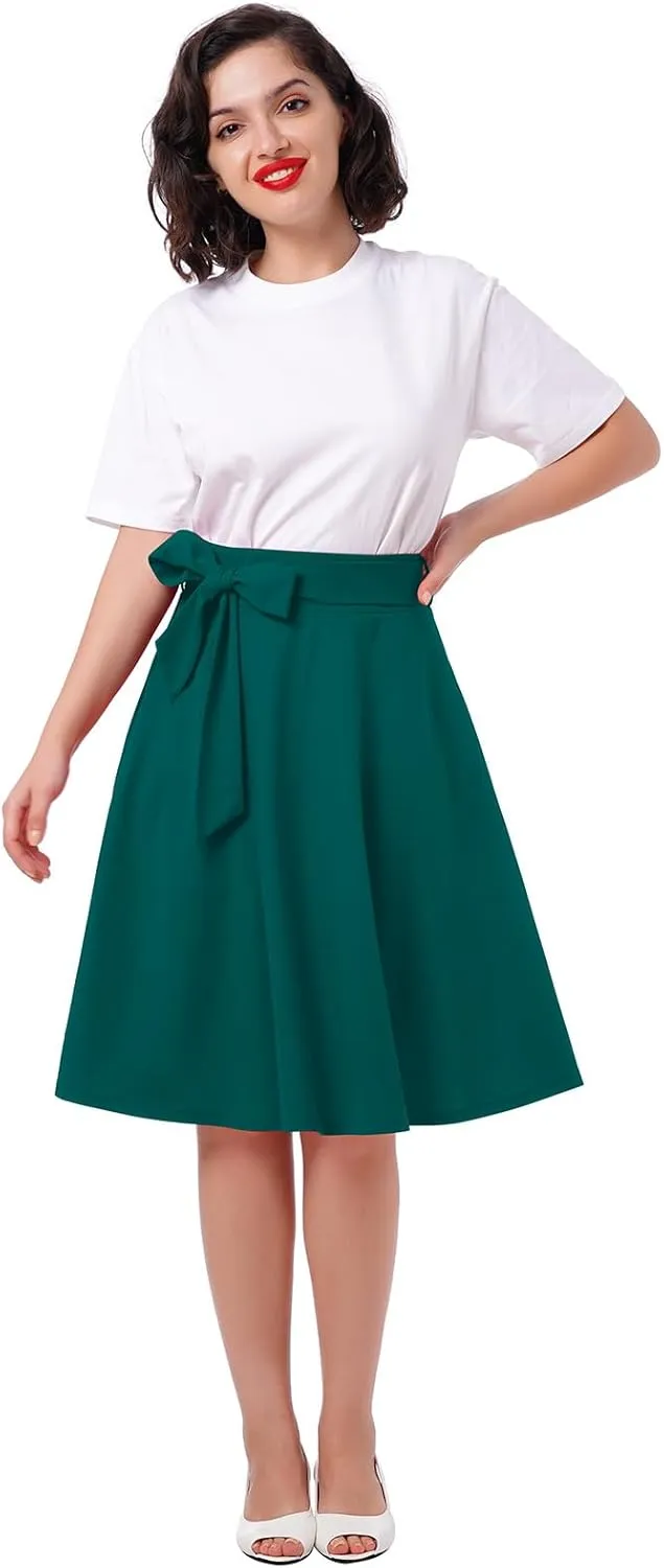 Women's High Waist A-Line Skirt Tie Knot Front Pleated Flared Midi Skirt Swing Casual Party Skirts with Pockets Summer