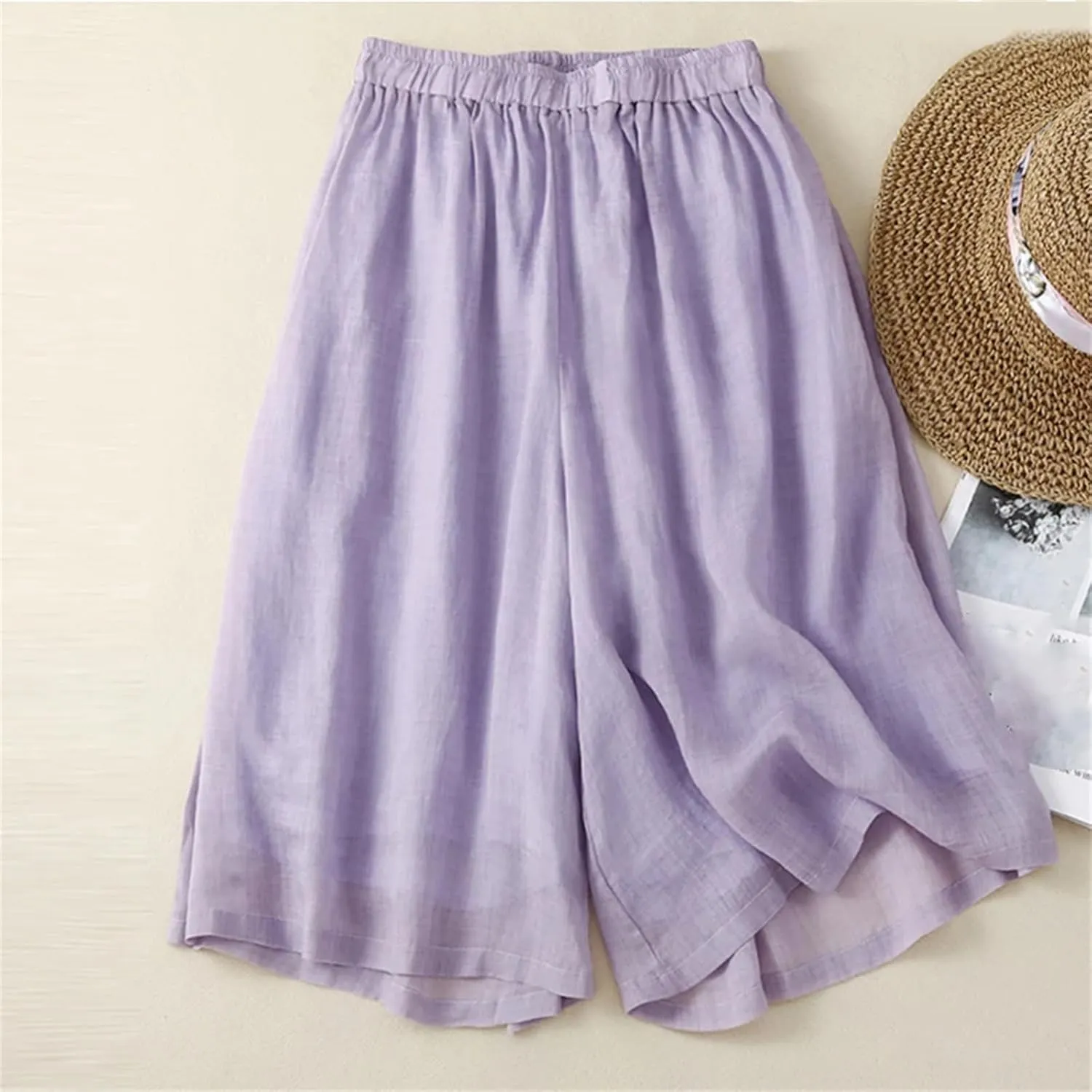 Women's High Waist Linen Wide Leg Pants  Summer Loose Fit Casual Seven-Point Trousers