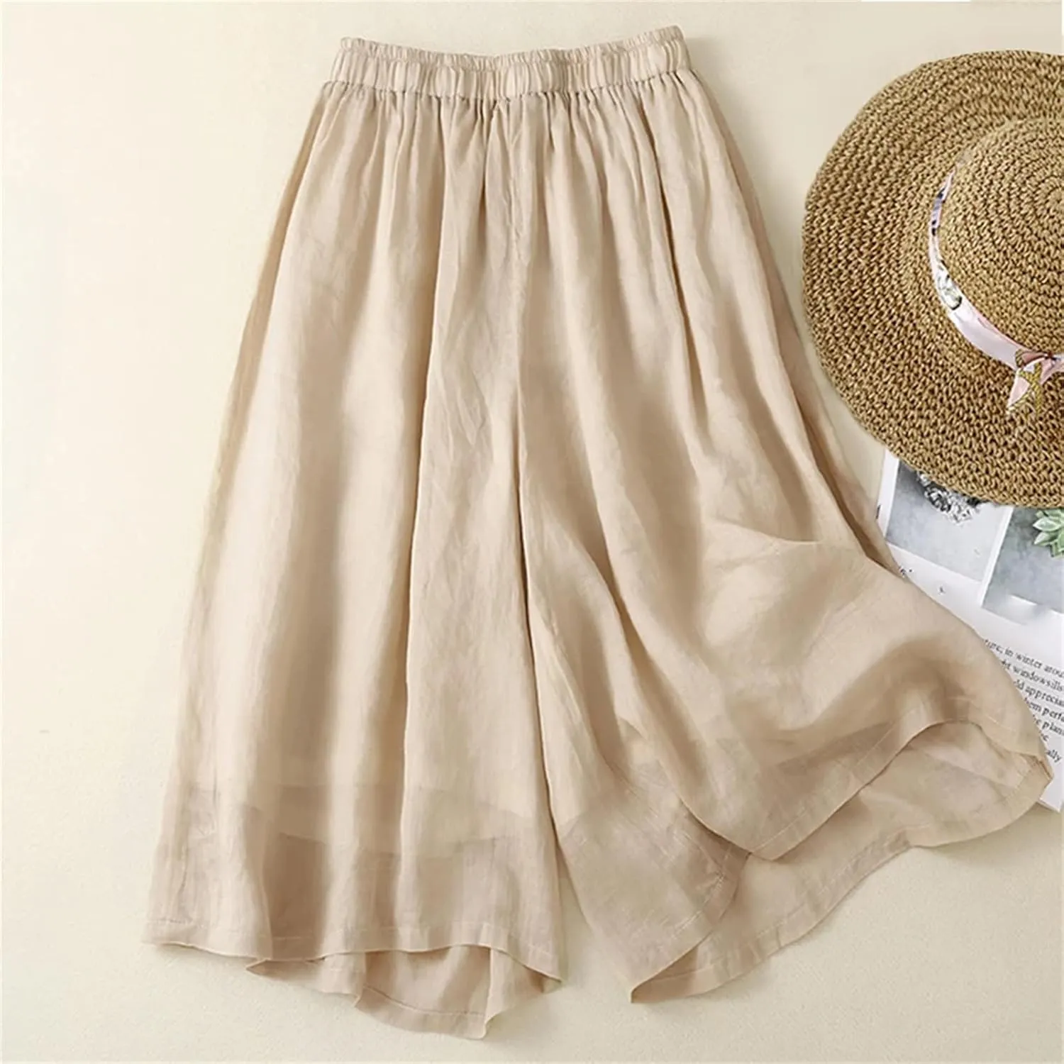 Women's High Waist Linen Wide Leg Pants  Summer Loose Fit Casual Seven-Point Trousers