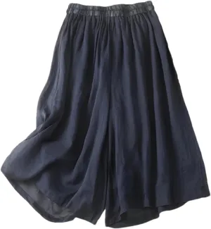 Women's High Waist Linen Wide Leg Pants  Summer Loose Fit Casual Seven-Point Trousers