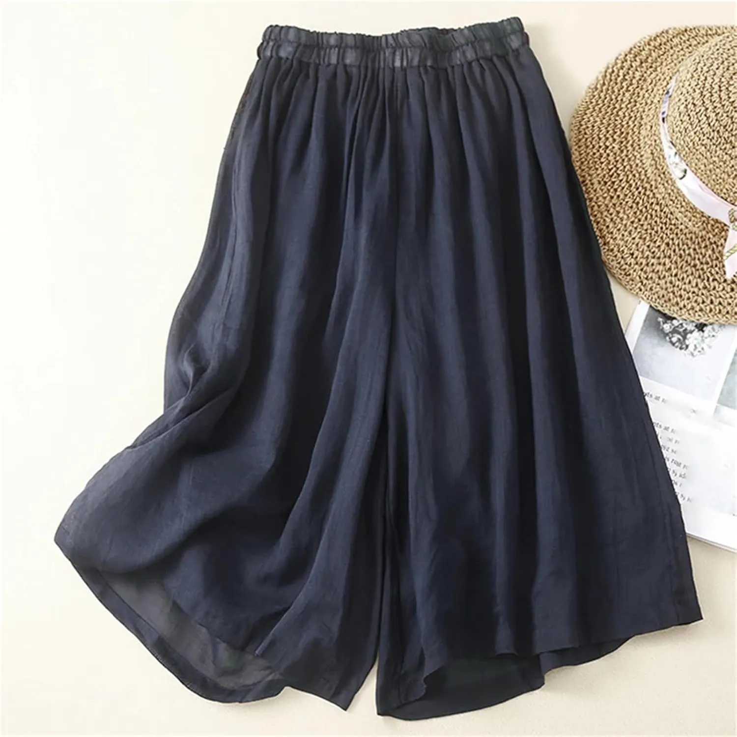 Women's High Waist Linen Wide Leg Pants  Summer Loose Fit Casual Seven-Point Trousers