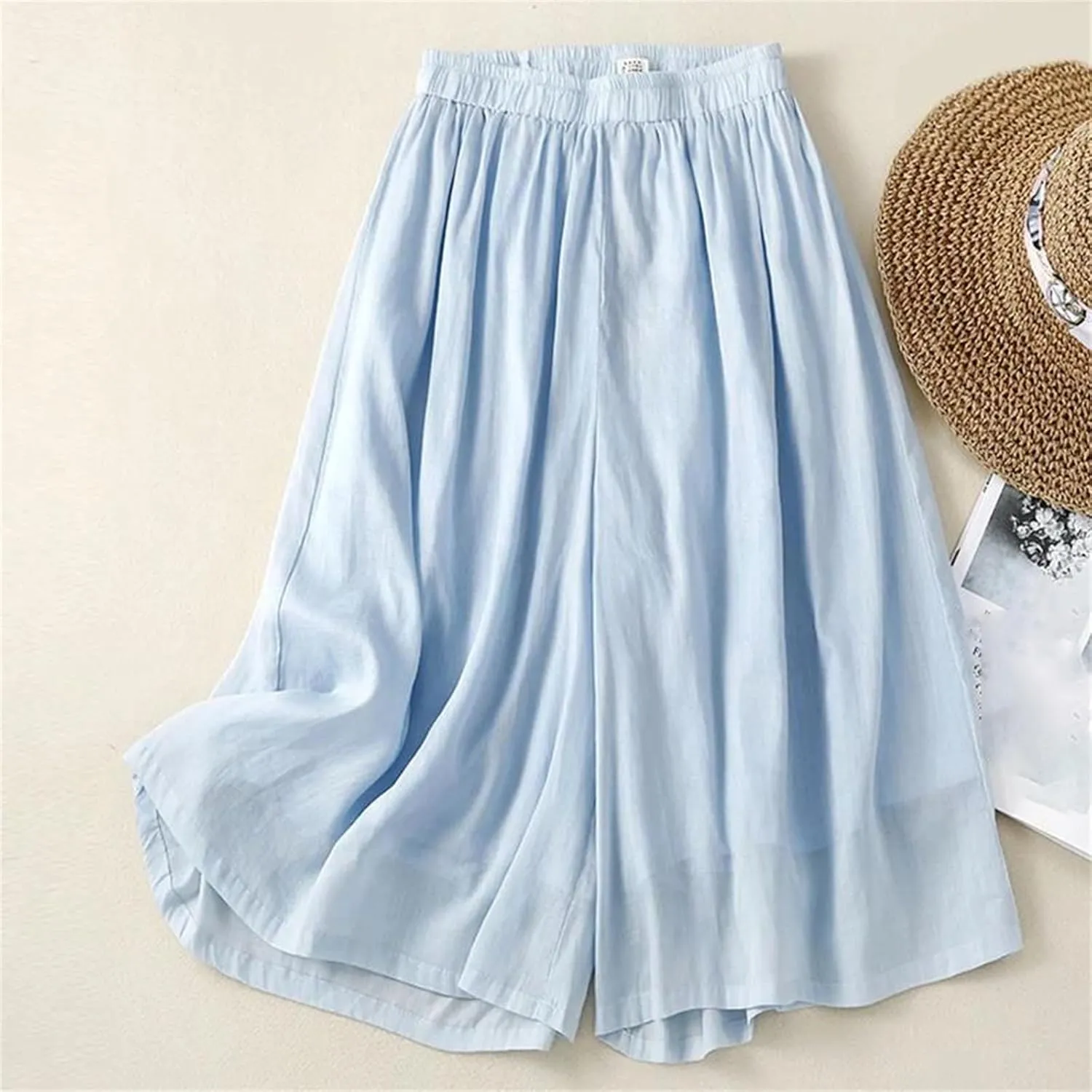 Women's High Waist Linen Wide Leg Pants  Summer Loose Fit Casual Seven-Point Trousers